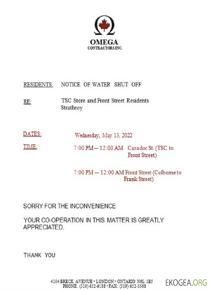 Canada Ontario Omega Contractors Inc. water utility bill shutoff notice